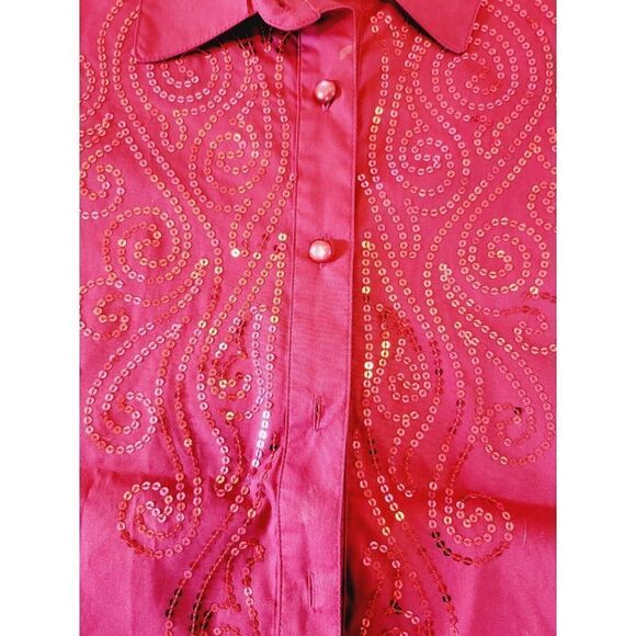 Bob Mackie Wearable Art L Shirt Top Button Front Sequined Red 14 *Fault photo!* - Picture 8 of 8